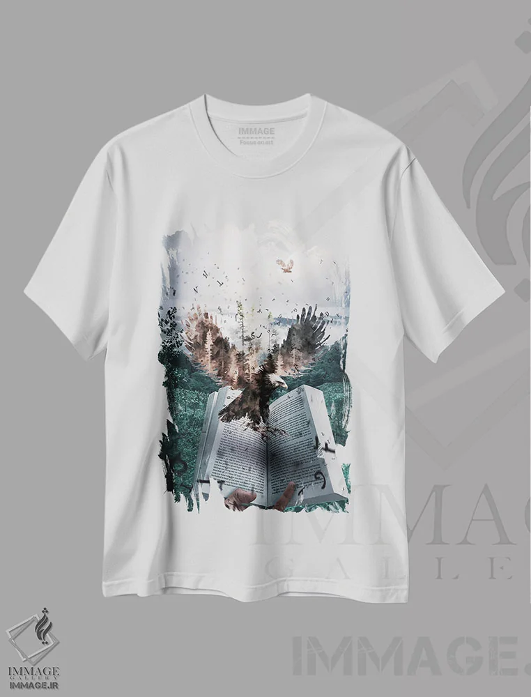 تیشرت سفید طرح دار کتاب های داستان سفر ذهن هستند، عکاسی ترکیبی اثر جن زد | immage.ir