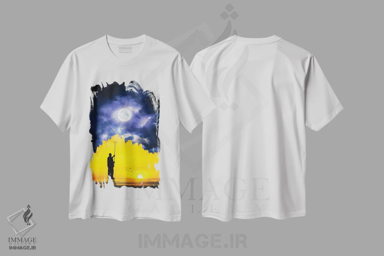 تیشرت سفید طرح دار نقاش سورئالیست سایه که شب را به روز تبدیل می کند، عکاسی ترکیبی اثر جن زد | فروشگاه ایماژ