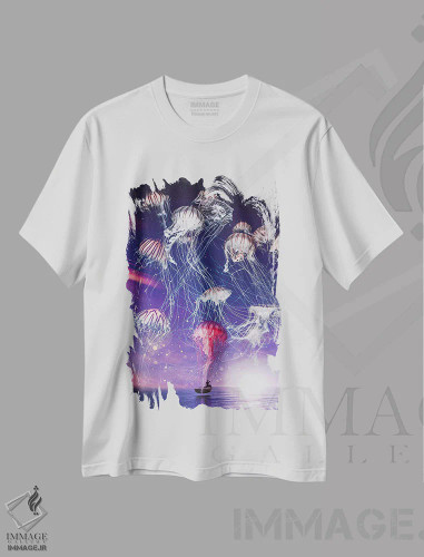 تیشرت سفید طرح دار قلمرو جادویی عروس های دریایی در شب پرستاره، تزئینی اثر جن زد | فروشگاه ایماژ