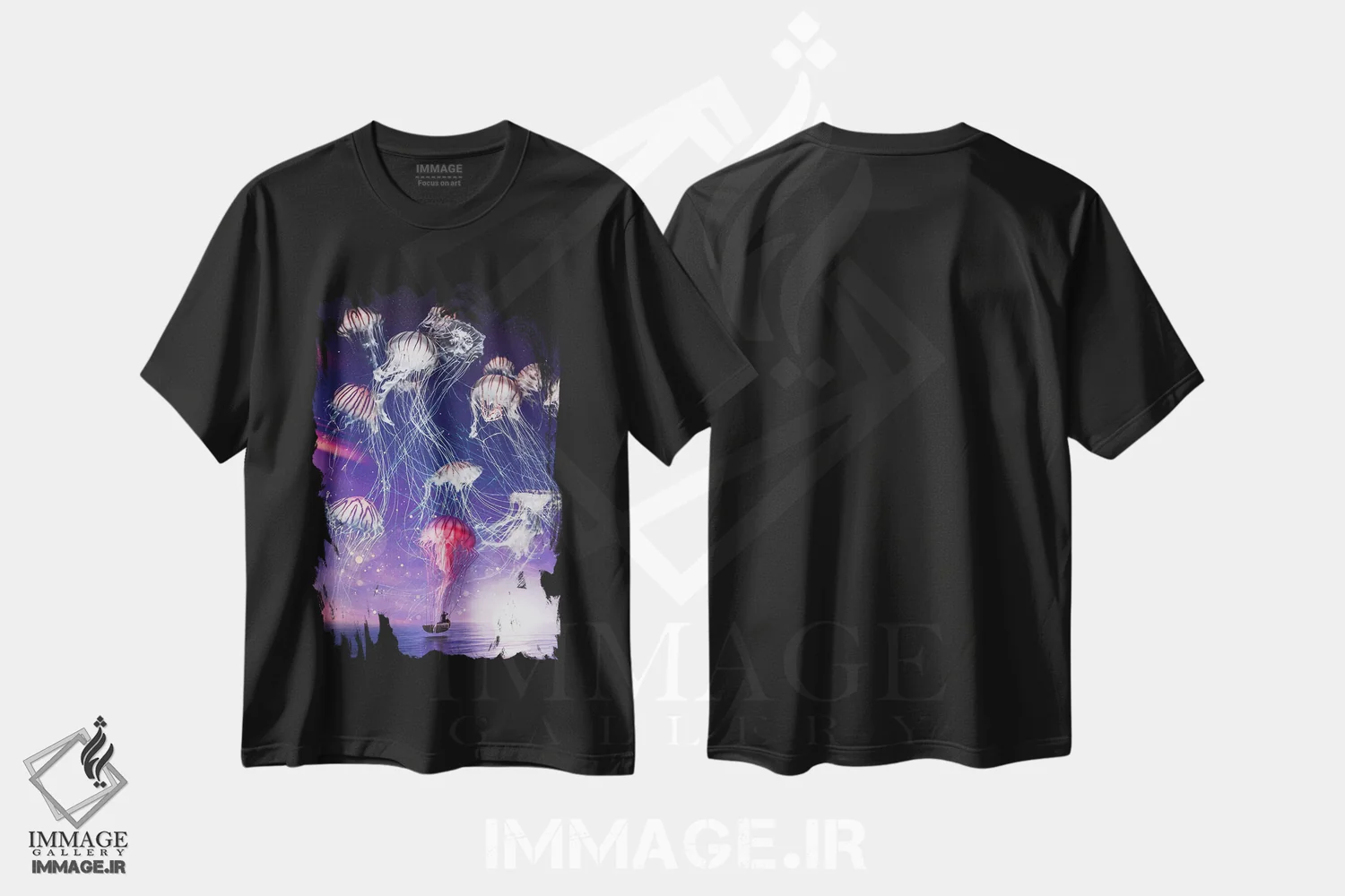 تیشرت مشکی طرح دار قلمرو جادویی عروس های دریایی در شب پرستاره، تزئینی اثر جن زد | immage.ir