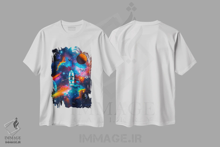 تیشرت سفید طرح دار قایقرانی در اقیانوسی از کهکشان ها و سیارات، عکاسی ترکیبی اثر جن زد | فروشگاه ایماژ