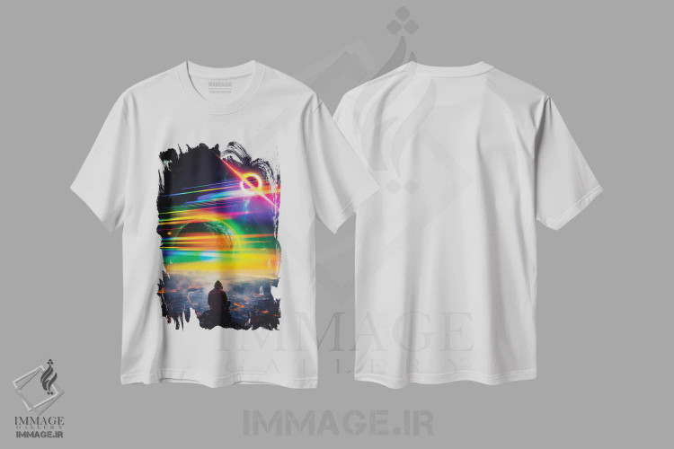تیشرت سفید طرح دار شهر با چشم انداز فضایی جهان، عکاسی ترکیبی اثر جن زد | فروشگاه ایماژ
