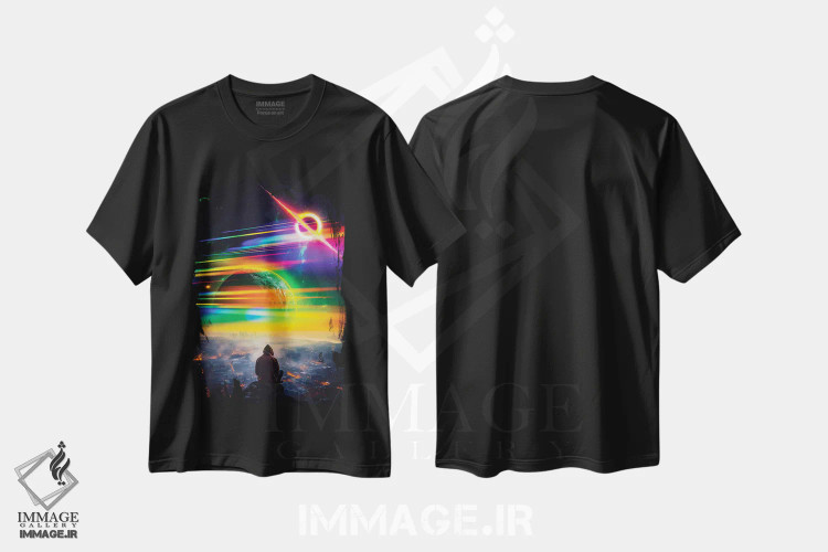 تیشرت مشکی طرح دار شهر با چشم انداز فضایی جهان، عکاسی ترکیبی اثر جن زد | immage.ir