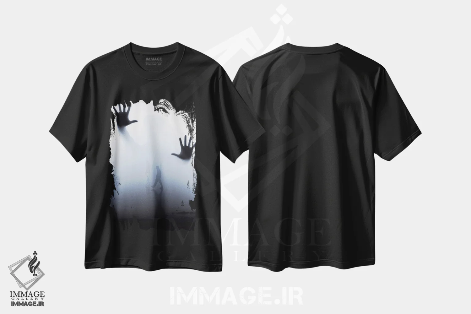 تیشرت مشکی طرح دار شبح عجیب غمگین در مه، تزئینی اثر جن زد | immage.ir
