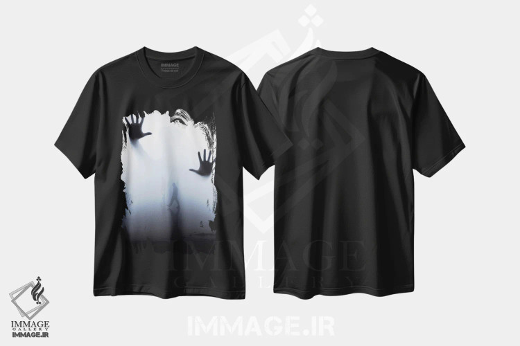 تیشرت مشکی طرح دار شبح عجیب غمگین در مه، تزئینی اثر جن زد | immage.ir