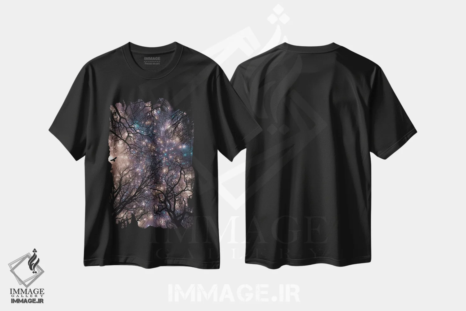 تیشرت مشکی طرح دار جغد در شب پرستاره روی شاخه های درخت، دکوراسیون جایگزین اثر جن زد | فروشگاه ایماژ