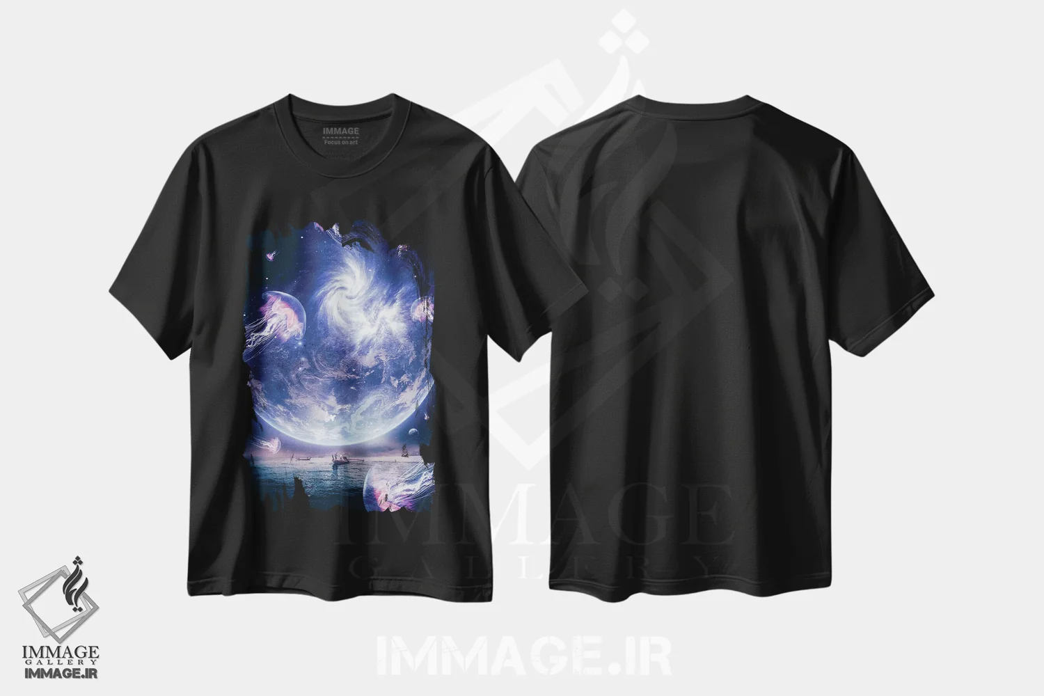 تیشرت مشکی طرح دار ماهیگیران بر اقیانوس و رقص عروس های دریایی، تزئینی اثر جن زد | immage.ir