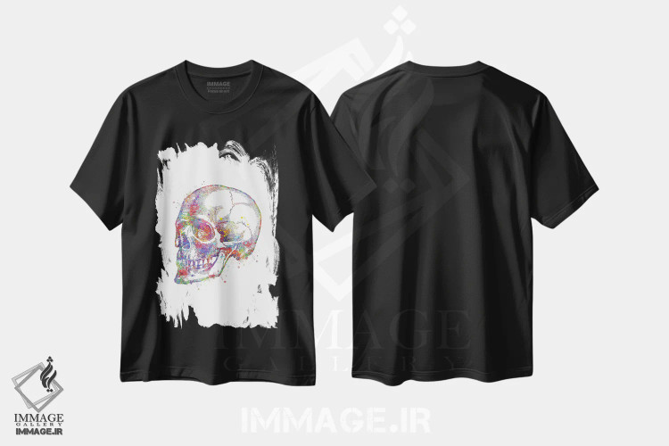 تیشرت مشکی طرح دار نمای پرسپکتیو جمجمه، هنر دیجیتال اثر جنفی آرت | فروشگاه ایماژ
