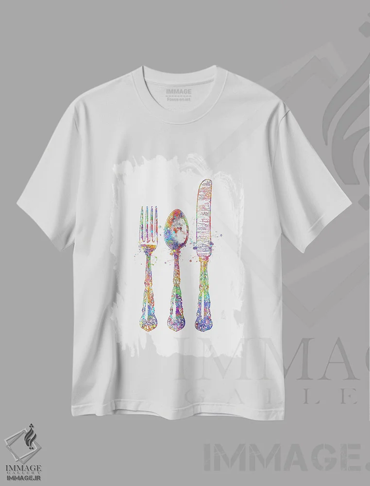 تیشرت سفید طرح دار قاشق و چنگال، هنر دیجیتال اثر جنفی آرت | فروشگاه ایماژ