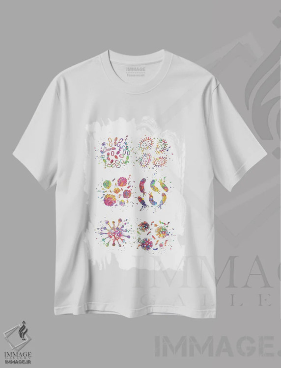 تیشرت سفید طرح دار مجموعه باکتری ها، هنر دیجیتال اثر جنفی آرت | immage.ir