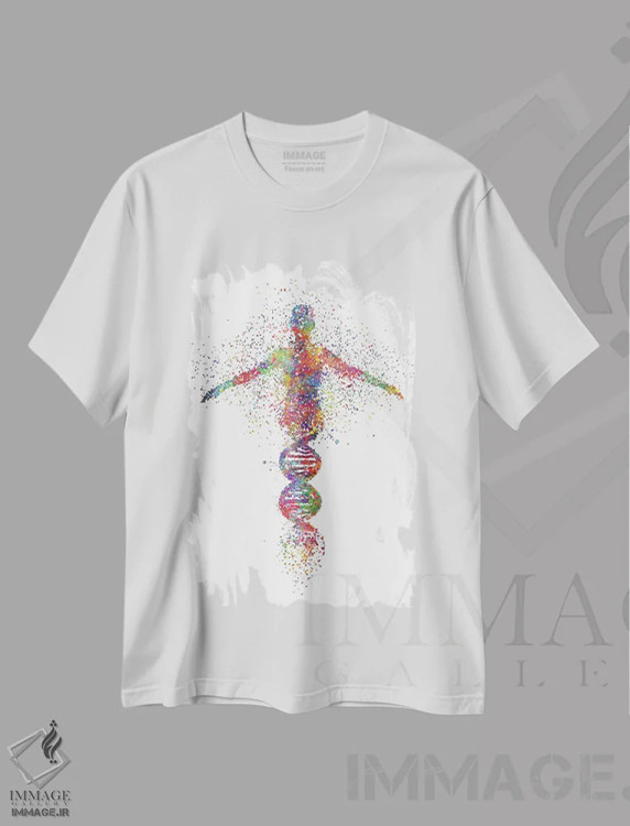تیشرت سفید طرح دار زن با دی ان ای، هنر دیجیتال اثر جنفی آرت | فروشگاه ایماژ