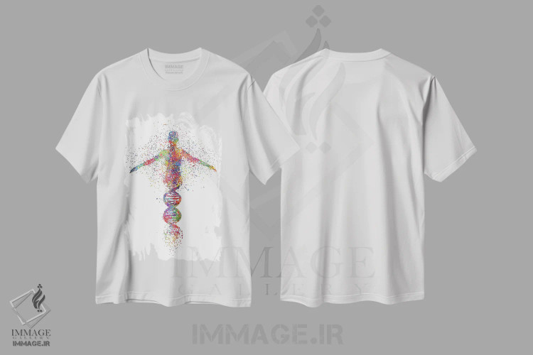 تیشرت سفید طرح دار زن با دی ان ای، هنر دیجیتال اثر جنفی آرت | فروشگاه ایماژ