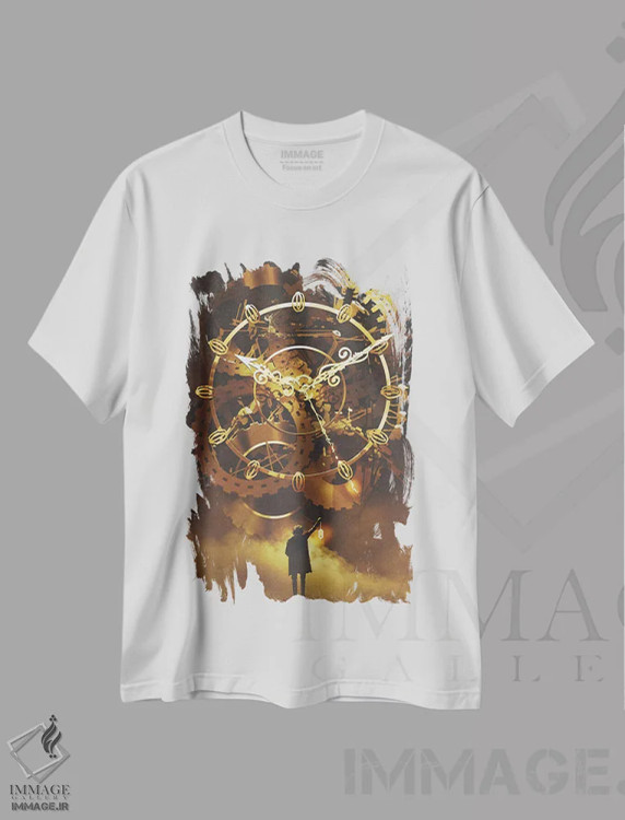 تیشرت سفید طرح دار ساعت طلایی بزرگ، دکوراسیون جایگزین اثر گرندفیلر | فروشگاه ایماژ