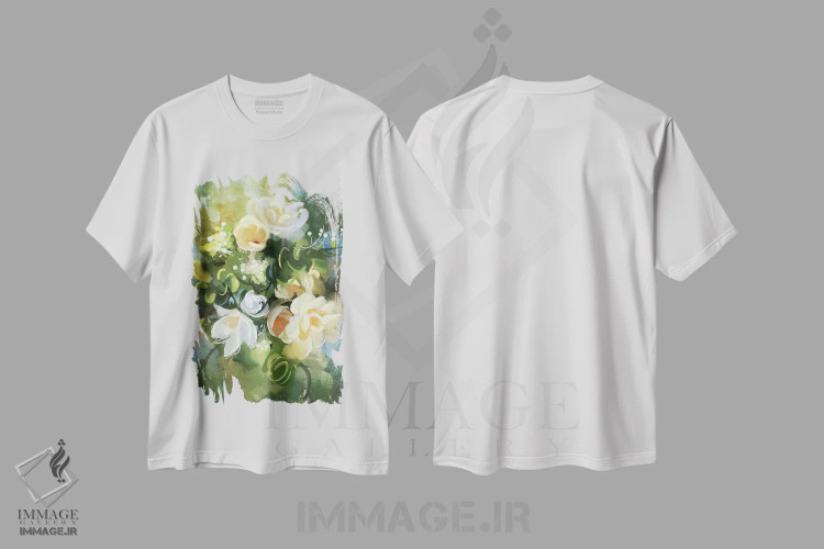 تیشرت سفید طرح دار شکوفایی سبز، آبستره اثر گرندفیلر | فروشگاه ایماژ