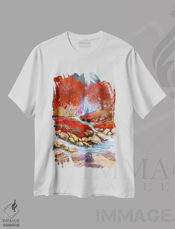 تیشرت سفید طرح دار جنگل سرخ، هنر دیجیتال اثر گرندفیلر | فروشگاه ایماژ