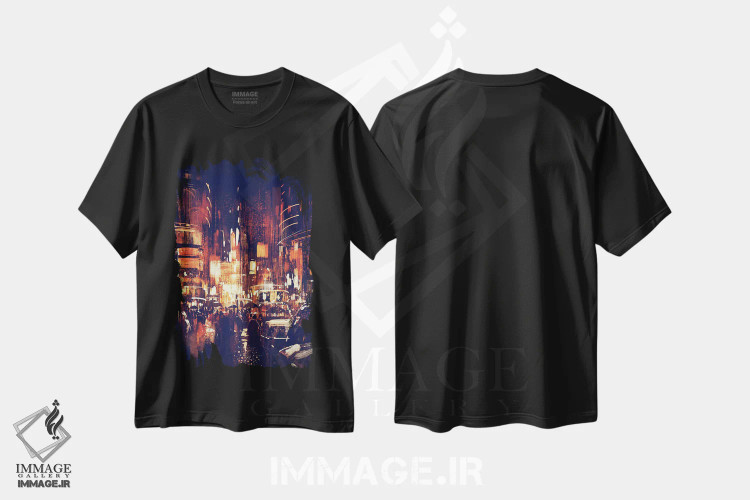 تیشرت مشکی طرح دار خیابان شهر در شب، آبستره اثر گرندفیلر | فروشگاه ایماژ