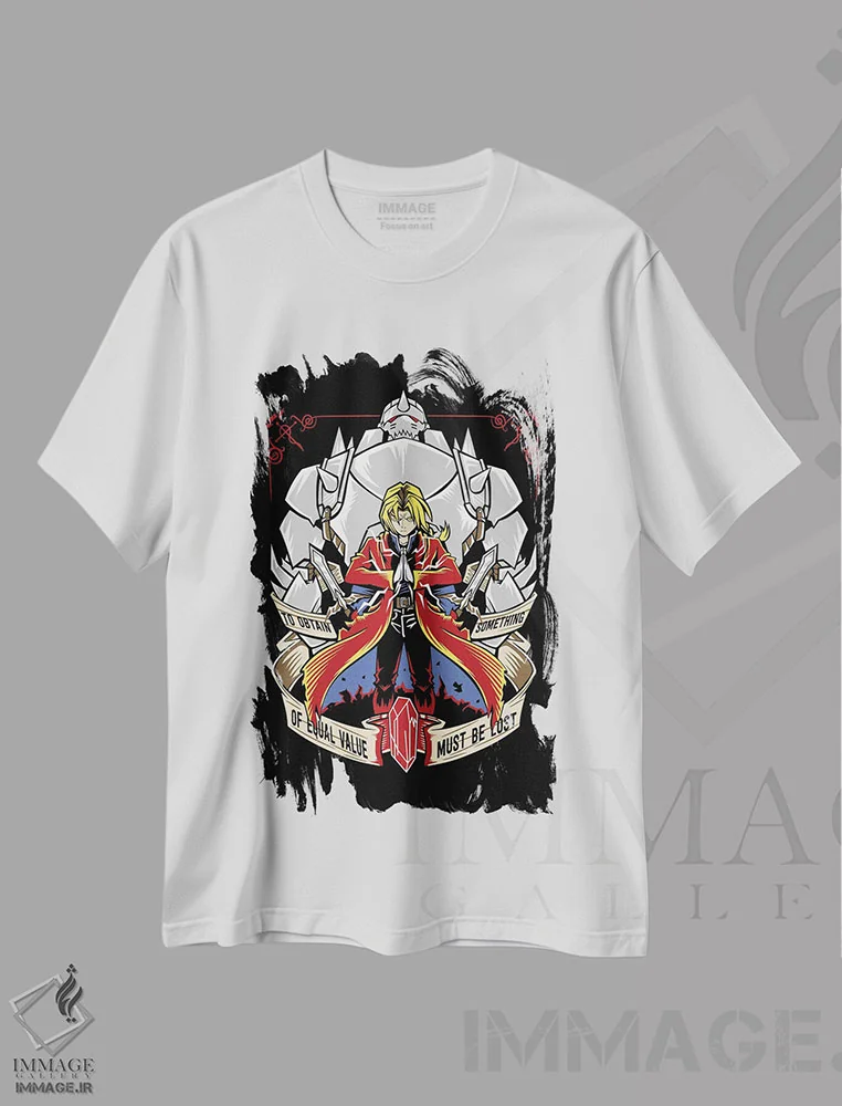 تیشرت سفید طرح دار کیمیاگر تمام فلزی ۱، هنر دیجیتال اثر گب فرناندو | فروشگاه ایماژ