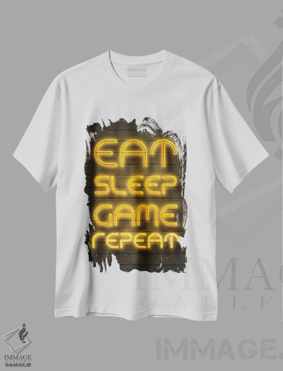 تیشرت سفید طرح دار بخور، بخواب، بازی کن، تکرار کن!، هنر دیجیتال اثر گب فرناندو | immage.ir