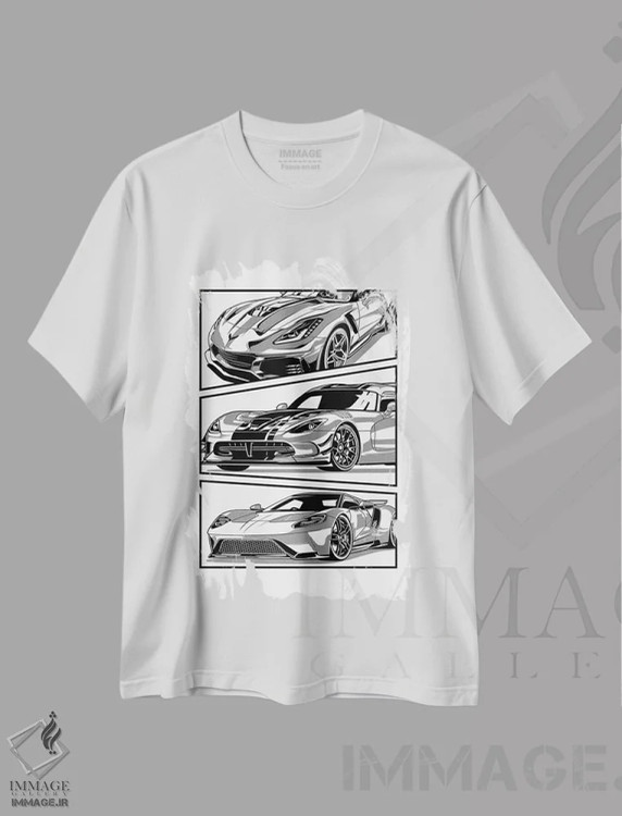 تیشرت سفید طرح دار ماشین های کلاسیک ۲۹، هنر دیجیتال سیاه و سفید اثر گب فرناندو | فروشگاه ایماژ