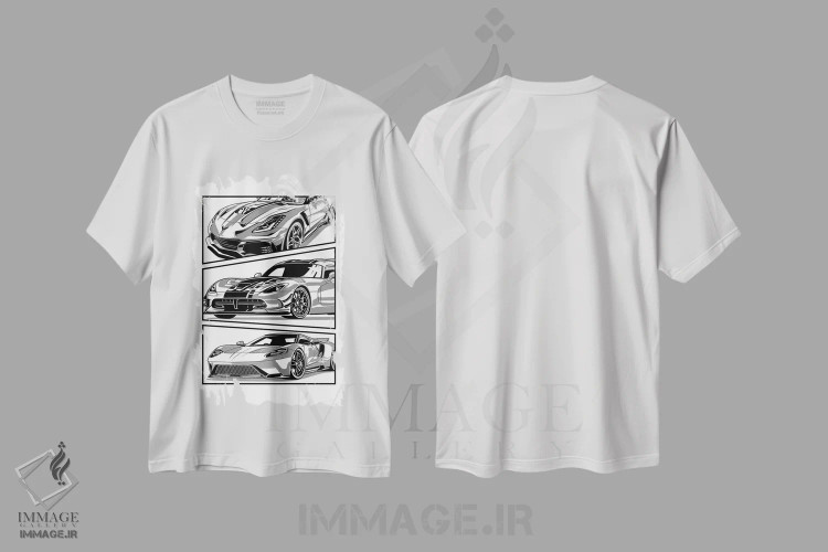 تیشرت سفید طرح دار ماشین های کلاسیک ۲۹، هنر دیجیتال سیاه و سفید اثر گب فرناندو | فروشگاه ایماژ