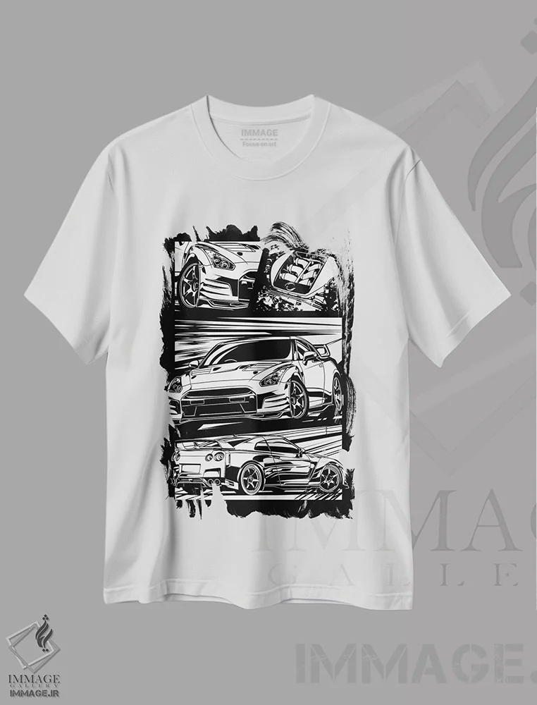 تیشرت سفید طرح دار ماشین های کلاسیک ۵۵، هنر دیجیتال سیاه و سفید اثر گب فرناندو | immage.ir