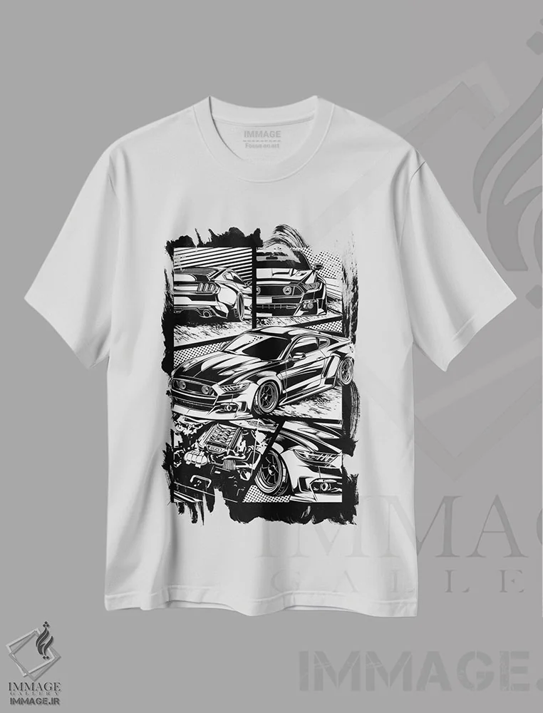 تیشرت سفید طرح دار ماشین های کلاسیک ۶۰، هنر دیجیتال سیاه و سفید اثر گب فرناندو | فروشگاه ایماژ