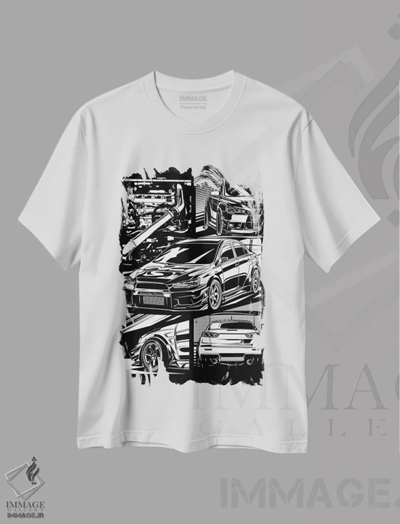 تیشرت سفید طرح دار ماشین های کلاسیک ۵۸، هنر دیجیتال سیاه و سفید اثر گب فرناندو | immage.ir