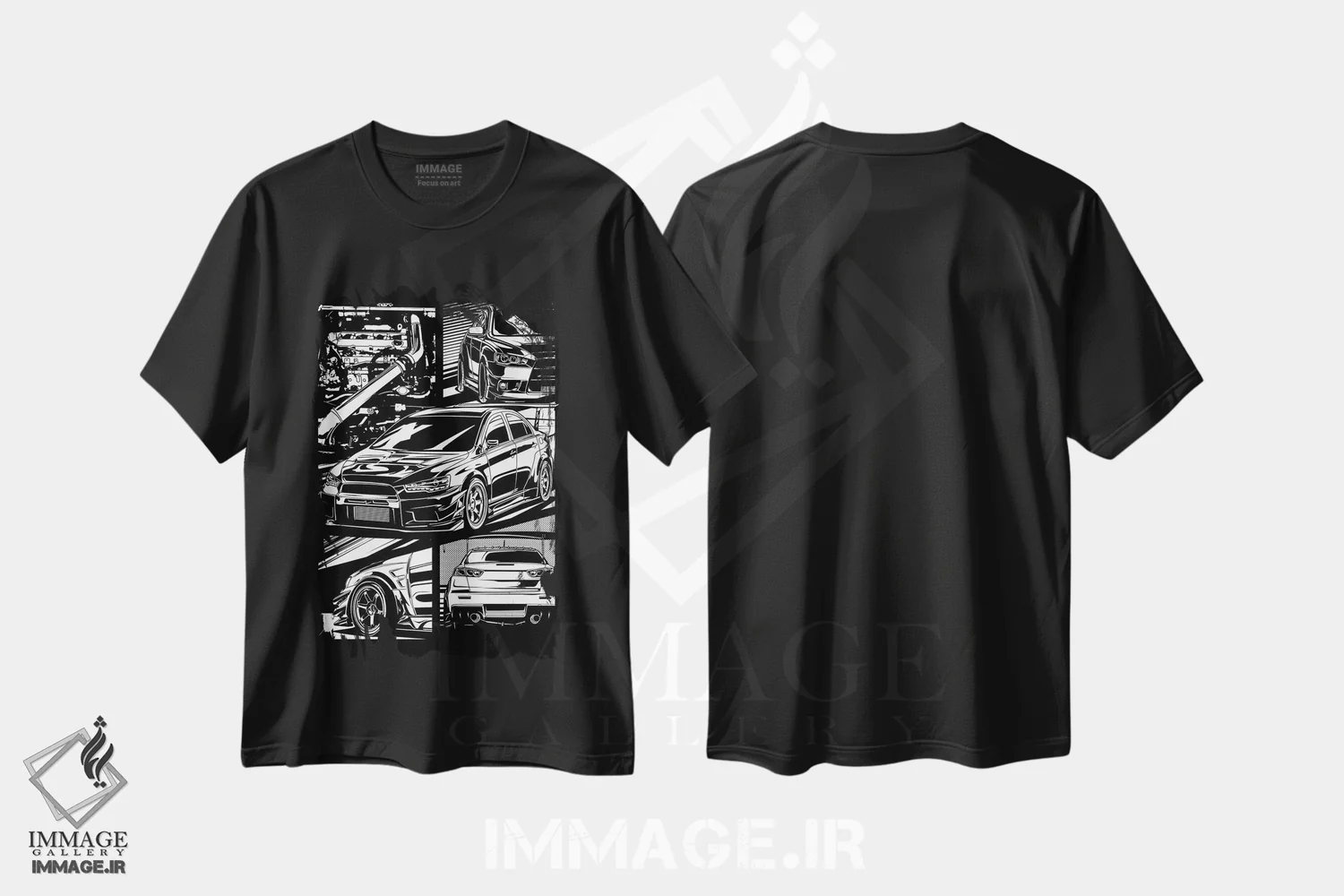 تیشرت مشکی طرح دار ماشین های کلاسیک ۵۸، هنر دیجیتال سیاه و سفید اثر گب فرناندو | فروشگاه ایماژ