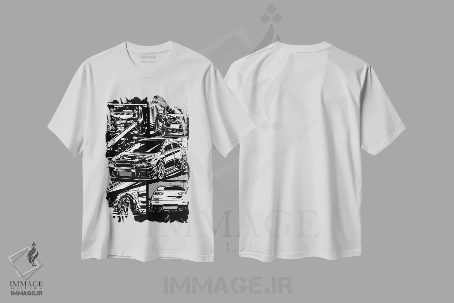 تیشرت سفید طرح دار ماشین های کلاسیک ۵۸، هنر دیجیتال سیاه و سفید اثر گب فرناندو | immage.ir