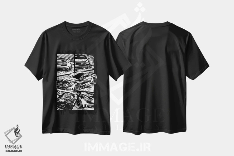 تیشرت مشکی طرح دار ماشین های کلاسیک ۶۰، هنر دیجیتال سیاه و سفید اثر گب فرناندو | immage.ir