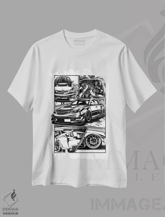 تیشرت سفید طرح دار ماشین های کلاسیک ۹۴، هنر دیجیتال سیاه و سفید اثر گب فرناندو | فروشگاه ایماژ