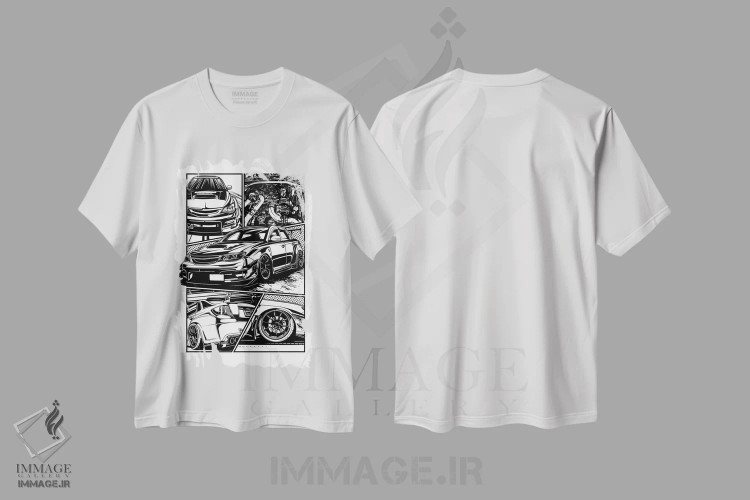 تیشرت سفید طرح دار ماشین های کلاسیک ۹۴، هنر دیجیتال سیاه و سفید اثر گب فرناندو | فروشگاه ایماژ