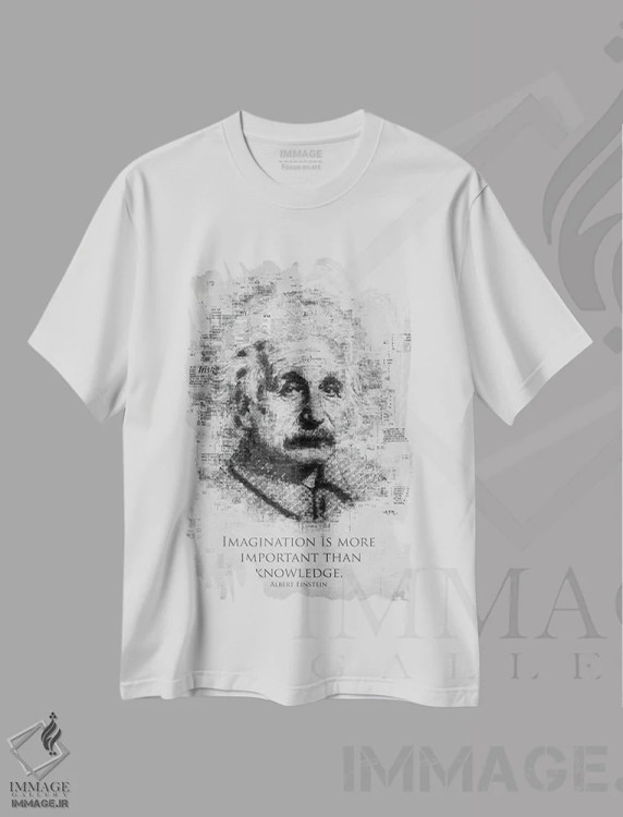 تیشرت سفید طرح دار آلبرت اینشتین، هنر تزئینی سیاه و سفید اثر گب فرناندو | فروشگاه ایماژ