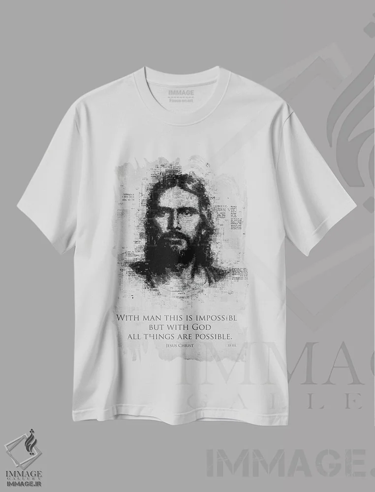 تیشرت سفید طرح دار عیسی مسیح، هنر تزئینی سیاه و سفید اثر گب فرناندو | فروشگاه ایماژ