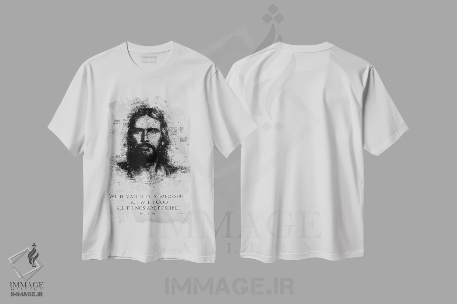تیشرت سفید طرح دار عیسی مسیح، هنر تزئینی سیاه و سفید اثر گب فرناندو | فروشگاه ایماژ