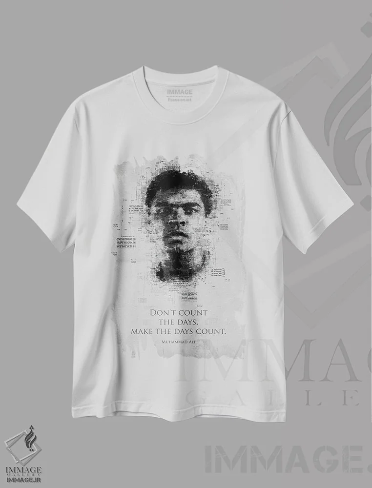 تیشرت سفید طرح دار محمد علی، هنر تزئینی سیاه و سفید اثر گب فرناندو | فروشگاه ایماژ