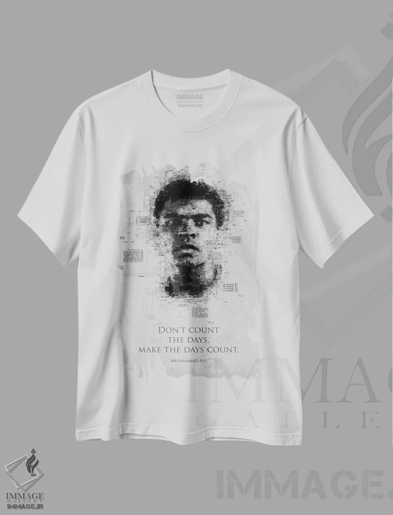 تیشرت سفید طرح دار محمد علی، هنر تزئینی سیاه و سفید اثر گب فرناندو | فروشگاه ایماژ