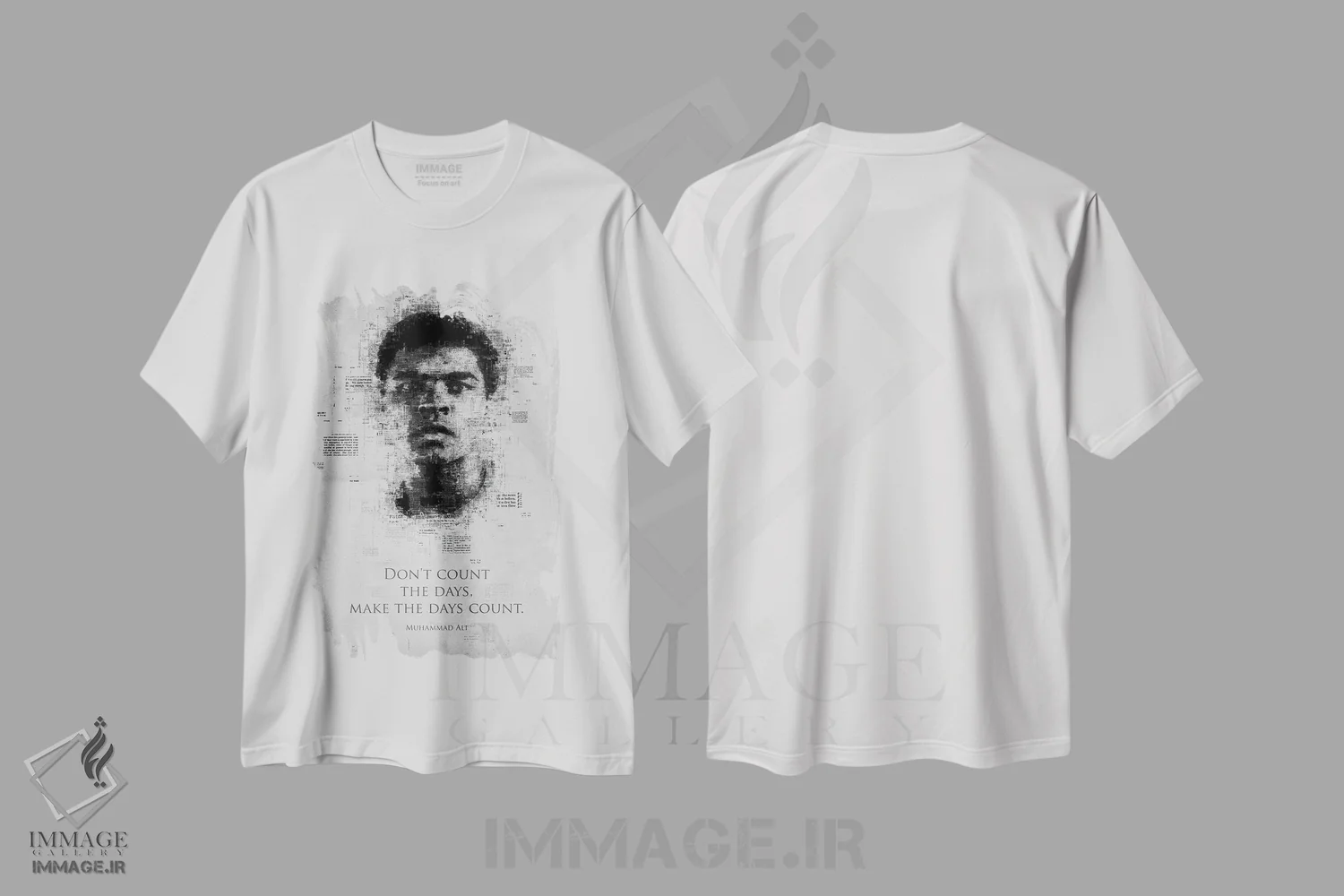 تیشرت سفید طرح دار محمد علی، هنر تزئینی سیاه و سفید اثر گب فرناندو | فروشگاه ایماژ