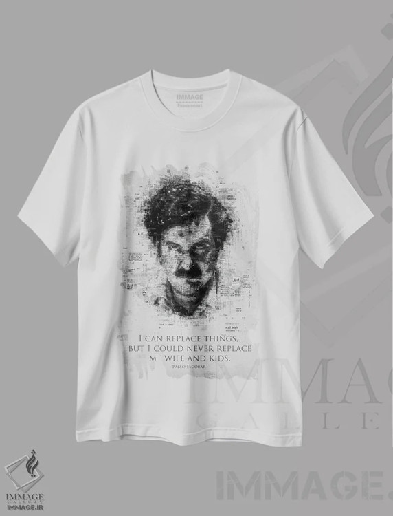 تیشرت سفید طرح دار پابلو اسکوبار، هنر تزئینی سیاه و سفید اثر گب فرناندو | immage.ir