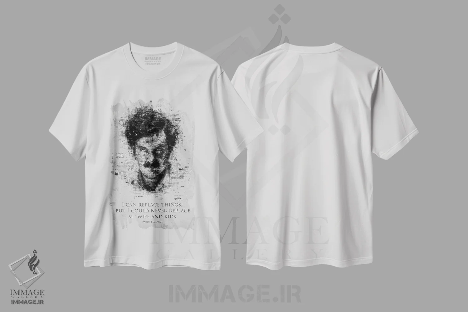تیشرت سفید طرح دار پابلو اسکوبار، هنر تزئینی سیاه و سفید اثر گب فرناندو | immage.ir