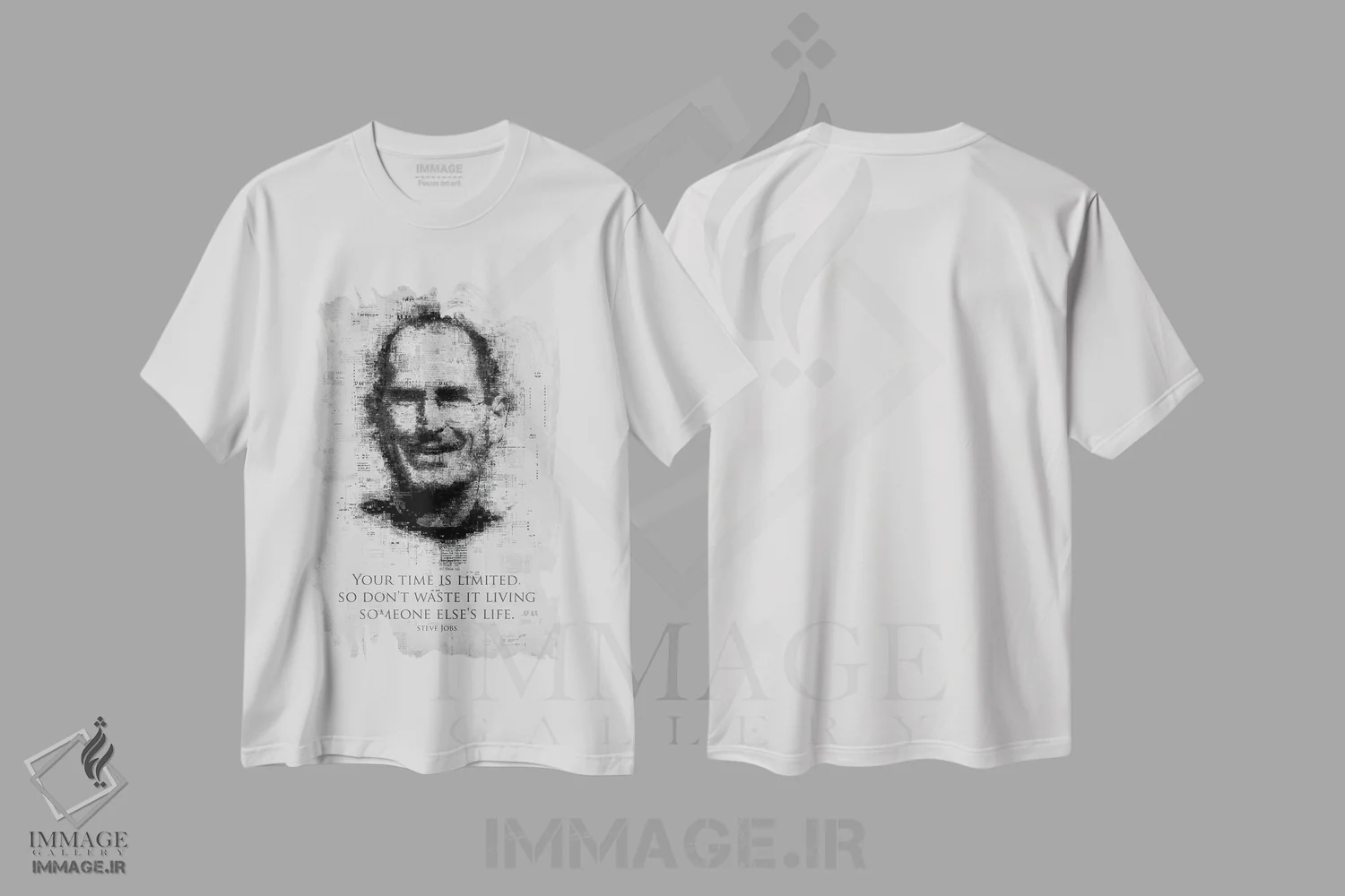 تیشرت سفید طرح دار استیو جابز، هنر تزئینی سیاه و سفید اثر گب فرناندو | فروشگاه ایماژ
