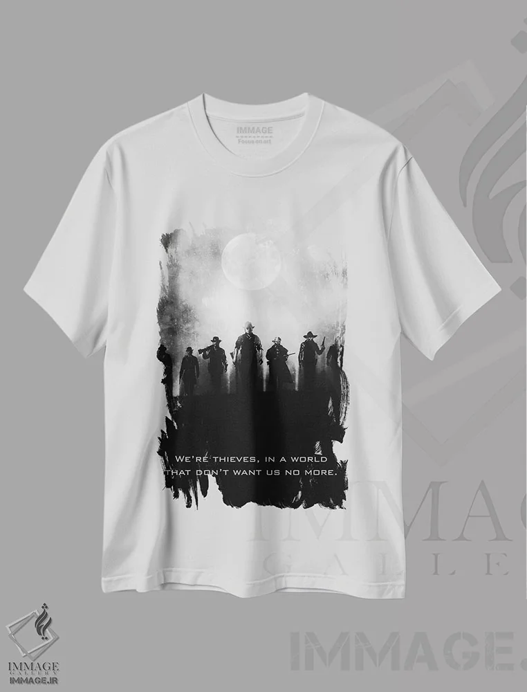 تیشرت سفید طرح دار کابوی ها، هنر تزئینی سیاه و سفید اثر گب فرناندو | فروشگاه ایماژ
