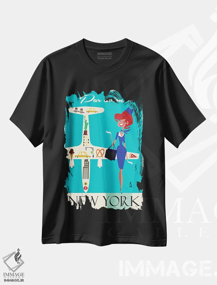 تیشرت مشکی طرح دار "هوایی به نیویورک"، هنر دیجیتال اثر گری گودل | فروشگاه ایماژ