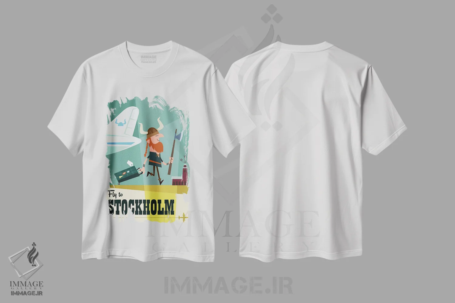 تیشرت سفید طرح دار "پرواز به...استکهلم"، هنر دیجیتال اثر گری گودل | فروشگاه ایماژ