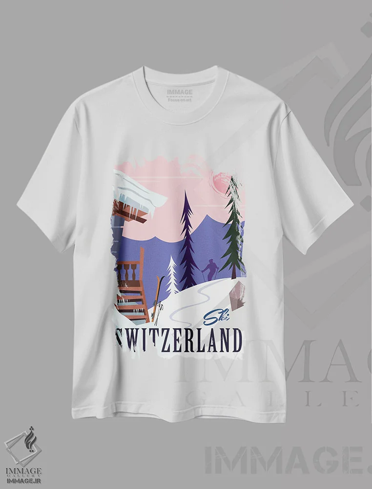 تیشرت سفید طرح دار "اسکی سوئیس"، هنر دیجیتال اثر گری گودل | فروشگاه ایماژ