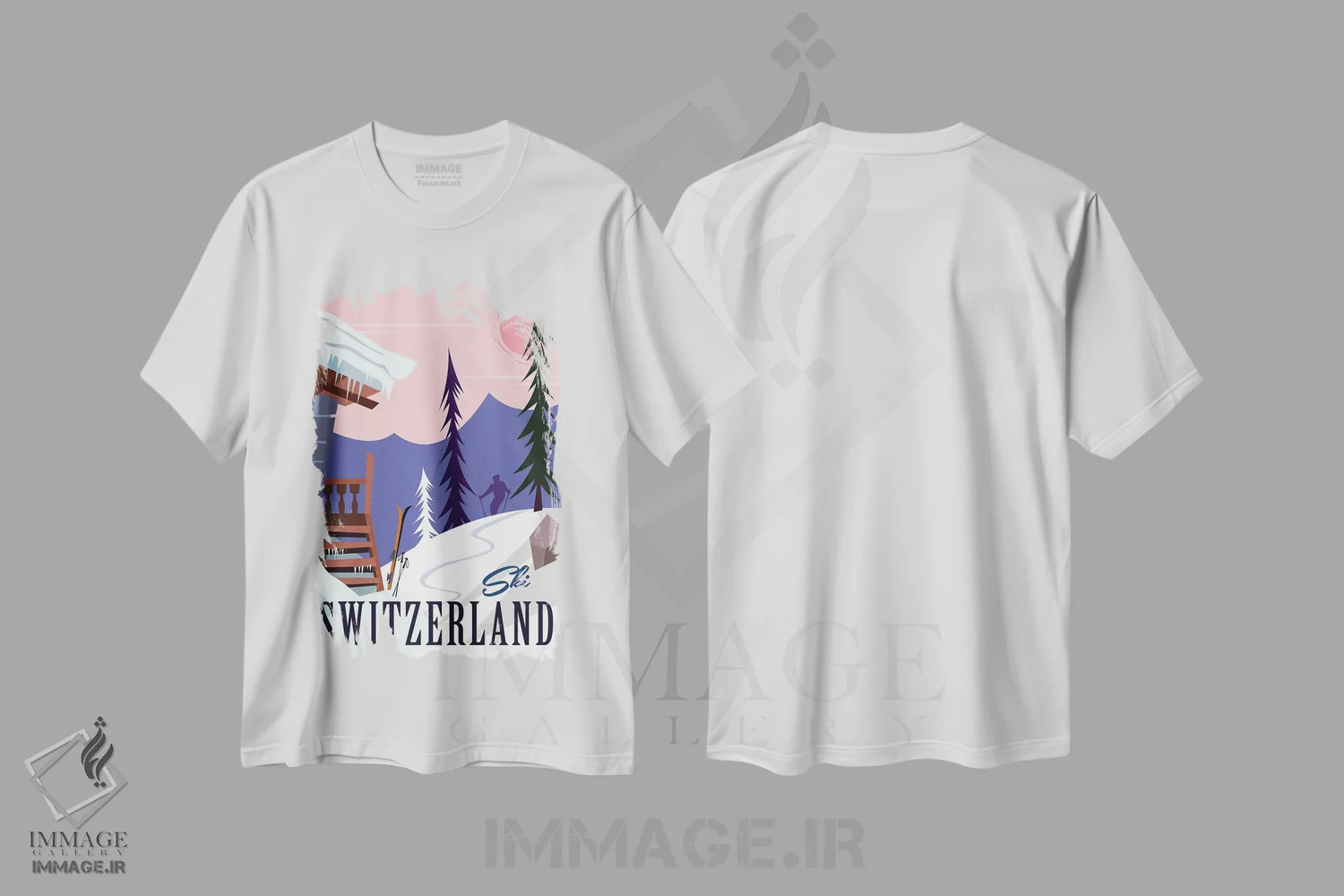 تیشرت سفید طرح دار "اسکی سوئیس"، هنر دیجیتال اثر گری گودل | فروشگاه ایماژ