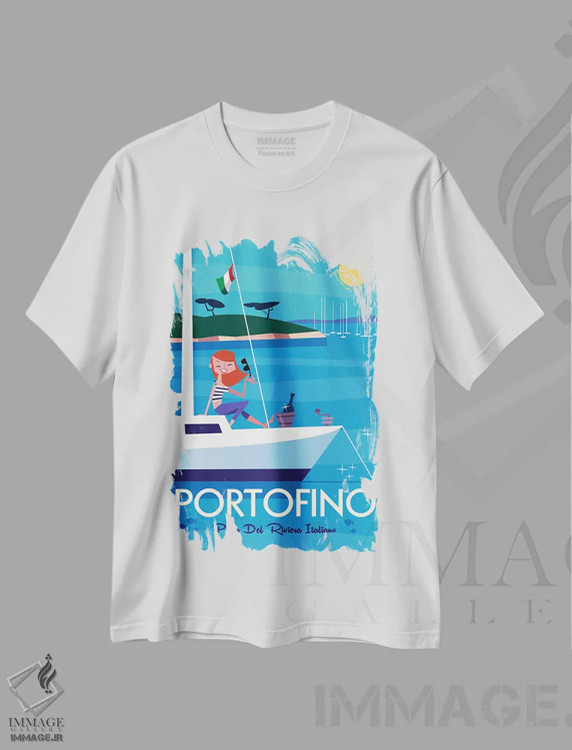 تیشرت سفید طرح دار "قایقرانی در پورتوفینو"، هنر دیجیتال اثر گری گودل | فروشگاه ایماژ