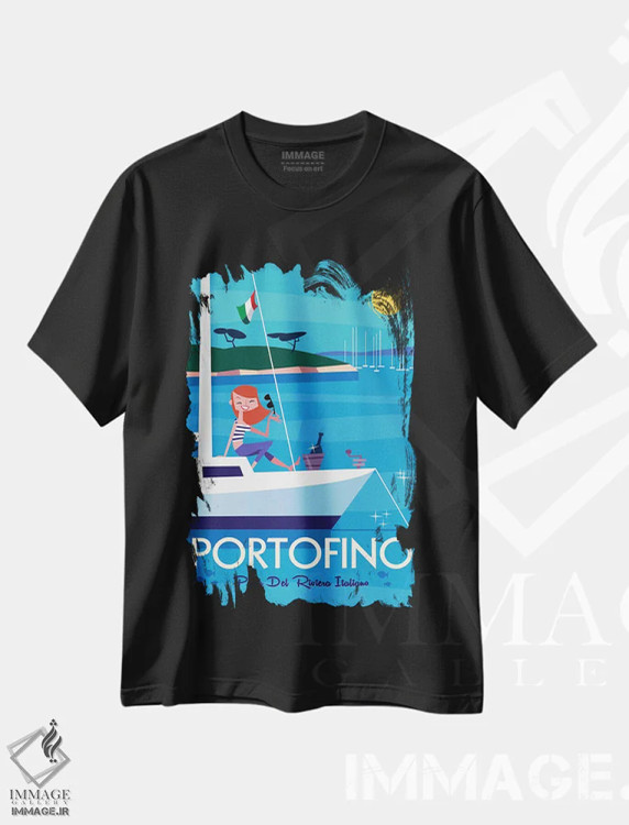 تیشرت مشکی طرح دار "قایقرانی در پورتوفینو"، هنر دیجیتال اثر گری گودل | immage.ir