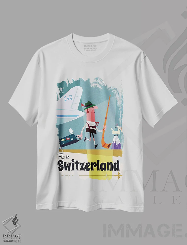 تیشرت سفید طرح دار "پرواز به...سوئیس"، هنر دیجیتال اثر گری گودل | فروشگاه ایماژ
