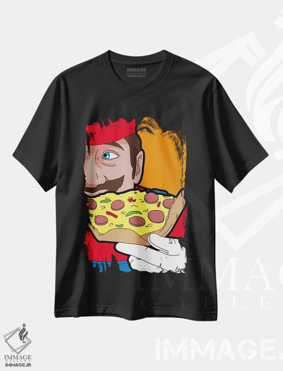 تیشرت مشکی طرح دار پیتزای ماریو، هنر فاخر معاصر اثر گرگوار "لئون" گیمن | فروشگاه ایماژ